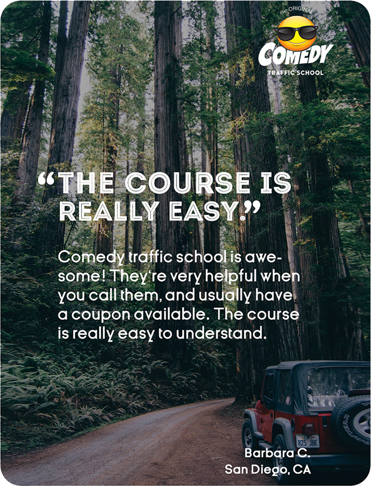 positive customer review with red jeep in the redwood forest