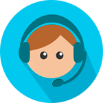 cartoon customer care agent in a blue circle